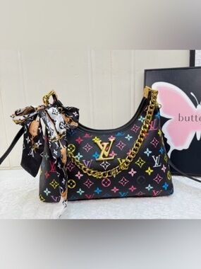 Black Multicolor Crossbody Bag w/ Scarf & Chain Detail